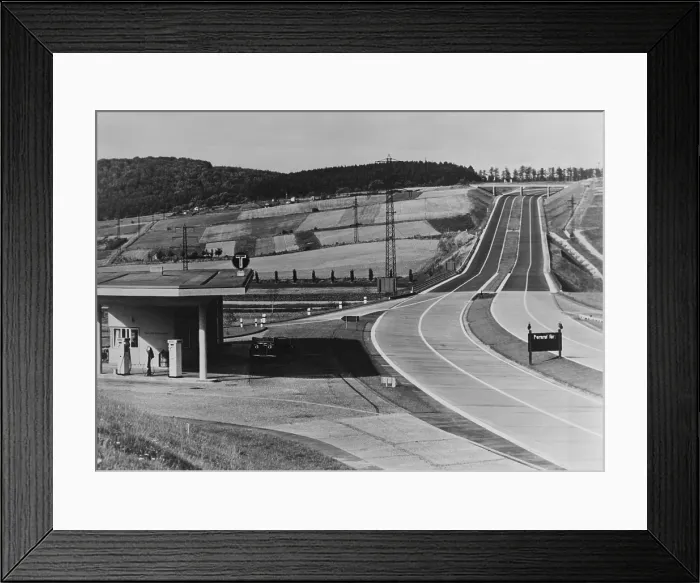 Framed Print : Service Station of the German Autobahn a four lane divided highway with entrance and exit ramps. Ca. 1938. LC-USZ62-128818