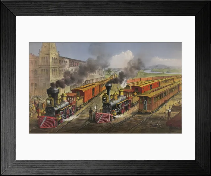 Framed Print : American railroad scene shows Lightning Express trains leaving the junction in 1874. LC-DIG-pga-00601 Framed Print : American railroad scene shows Lightning Express trains leaving the junction in 1874. LC-DIG-pga-00601