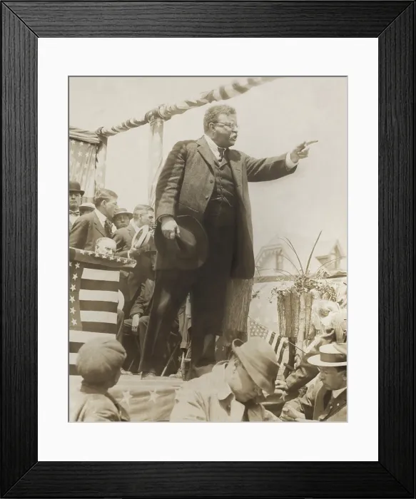 Framed Print : Theodore Roosevelt campaigning for President in New Jersey, June or August, 1912. TR gestures from a simple speakers platform, with a reporter taking notes below (BSLOC_2017_8_47) Framed Print : Theodore Roosevelt campaigning for President in New Jersey, June or August, 1912. TR gestures from a simple speakers platform, with a reporter taking notes below (BSLOC_2017_8_47)