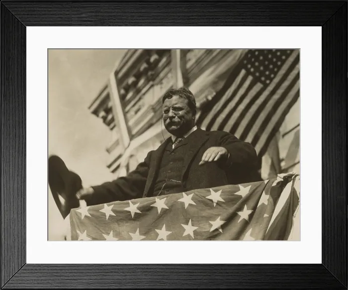 Framed Print : Surrounded by flags and bunting, Theodore Roosevelt looks out from a speakers platform