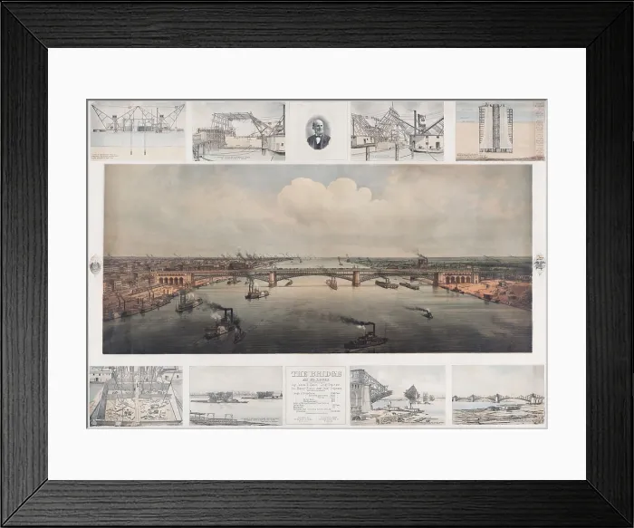 Framed Print : The St. Louis Bridge now named Eads Bridge over the Mississippi River. The piers rested on bedrock 103 feet below the Mississippi mud