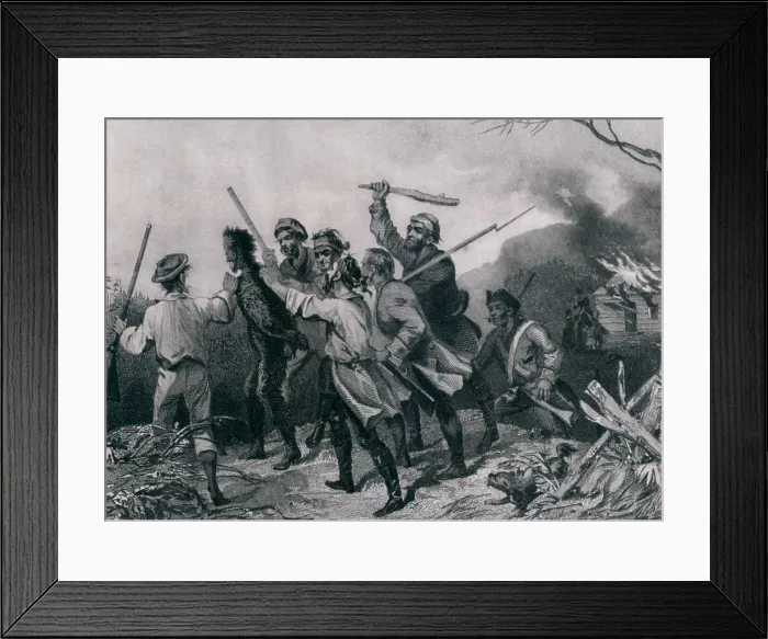 Framed Print : Whiskey Rebellion in Pennsylvania 1795. Whiskey rebels with their tarred and feathers federal tax collection. In the background is his burning home and terrorized family Framed Print : Whiskey Rebellion in Pennsylvania 1795. Whiskey rebels with their tarred and feathers federal tax collection. In the background is his burning home and terrorized family
