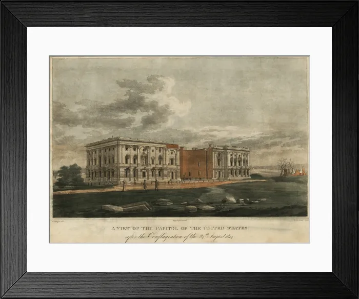 Framed Print : Burnt out Capitol. A view of the US Capitol in the city of Washington after the fires set by the British army August 24 1814. Engraving by William Strickland. Aug. 24 1814