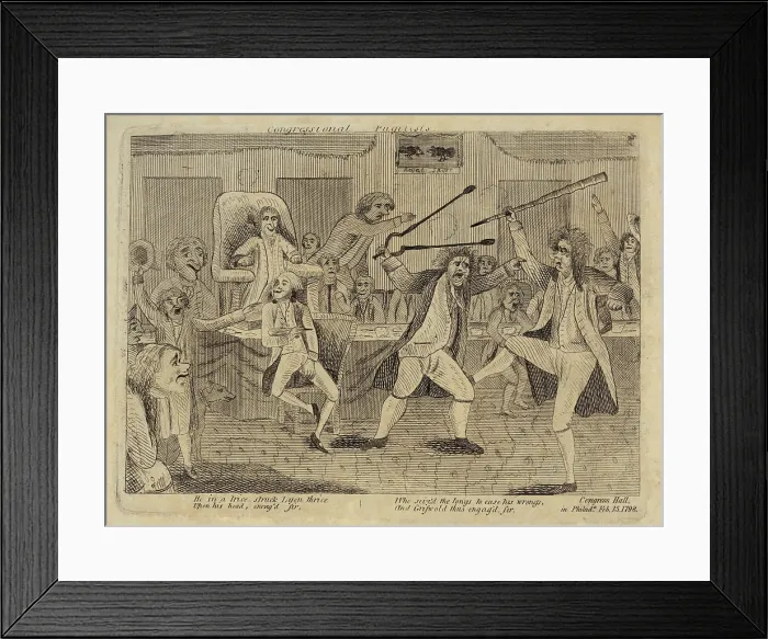 Framed Print : Brawl on the floor of the US House of Representatives. Fight between Vermont Representative Matthew Lyon and Roger Griswold of Connecticut