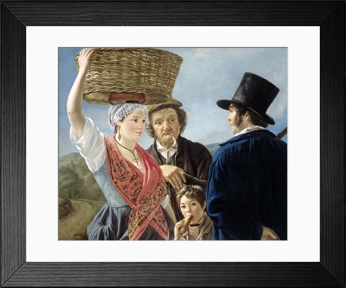 Framed Print : Market Gossip, by Jean Henri de Coene, 1827, Belgian painting, oil on canvas. A young woman accompanied by a older man and boy in conversation with a young man wearing a top hat Framed Print : Market Gossip, by Jean Henri de Coene, 1827, Belgian painting, oil on canvas. A young woman accompanied by a older man and boy in conversation with a young man wearing a top hat