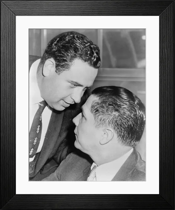 Framed Print : Bernard Spindel speaks to his co-defendant, James R. Hoffa, in their wiretapping trial. New York City, Nov. 1957 Framed Print : Bernard Spindel speaks to his co-defendant, James R. Hoffa, in their wiretapping trial. New York City, Nov. 1957