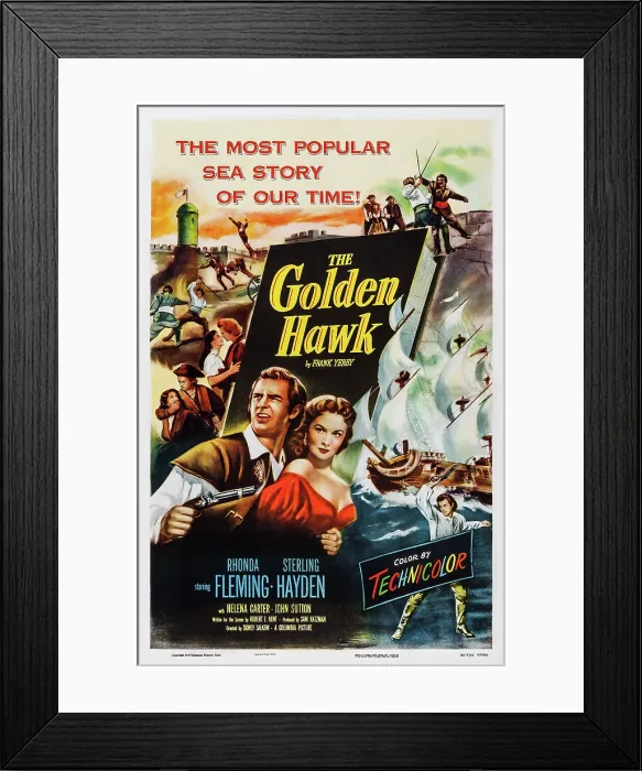 Framed Print : THE GOLDEN HAWK, US poster, from left: Sterling Hayden, Rhonda Fleming, 1952