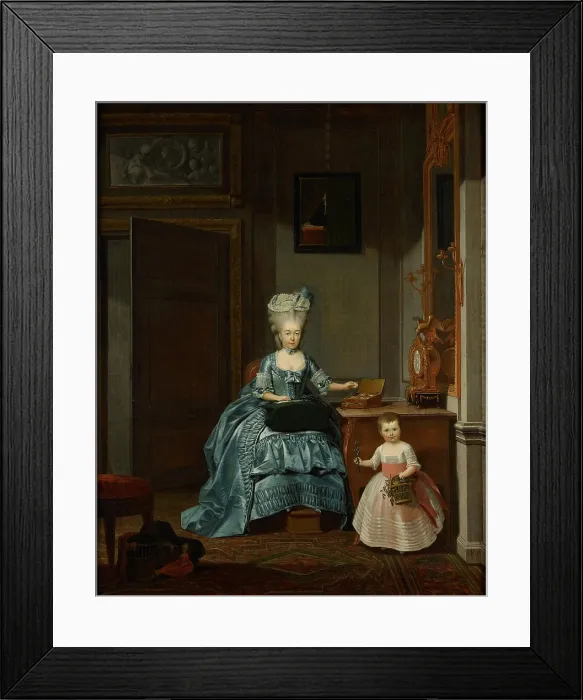 Framed Print : Susanna van Collen ne Mogge and her Daughter, by Hermanus Numan, 1776, Dutch painting, oil on canvas. On back wall a portrait of her dead husband is half covered by a black cloth Framed Print : Susanna van Collen ne Mogge and her Daughter, by Hermanus Numan, 1776, Dutch painting, oil on canvas. On back wall a portrait of her dead husband is half covered by a black cloth