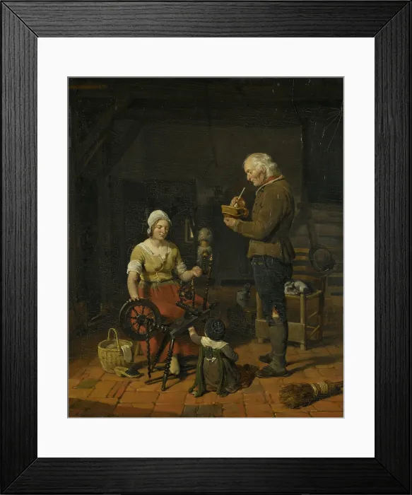 Framed Print : Interior with Peasant Family and Sleeping Cat, by Cornelis Kruseman, 1817, Dutch, oil on canvas