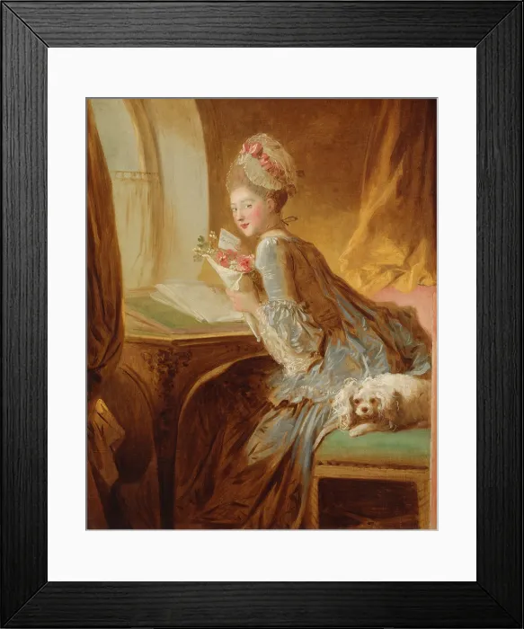 Framed Print : THE LOVE LETTER, by Jean Honore Fragonard, 1770-79, French painting, oil on canvas. The painting is most finished in the womans head, arms, her dog, flowers, and the love letter Framed Print : THE LOVE LETTER, by Jean Honore Fragonard, 1770-79, French painting, oil on canvas. The painting is most finished in the womans head, arms, her dog, flowers, and the love letter