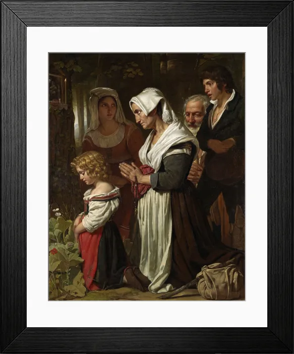Framed Print : Piety, by Cornelis Kruseman, 1823, Dutch painting, oil on canvas. A group of people praying at a Marian shrine along a path in a forest, includes a woman kneeling with a rosary