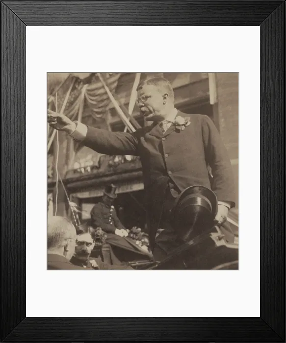 Framed Print : Theodore Roosevelt speaking with his arm extended and finger pointed. Willimantic, Conn. August 23, 1902, during his New England speaking tour (BSLOC_2017_4_52)