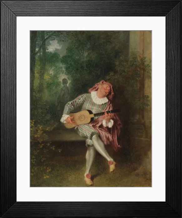 Framed Print : MEZZETIN, by Antoine Watteau, 1718-20, French painting, oil on canvas. Mezzetin, a stock comic character of the Italian commedia dellarte, playing a guitar