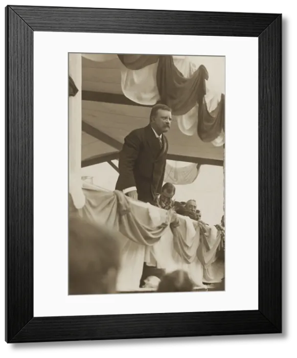 Framed Print : Theodore Roosevelt speaking at from a bunting draped platform in Worcester, Mass. From Aug. 22 through Sept. 3, made a speaking tour in New England (BSLOC_2017_4_51)
