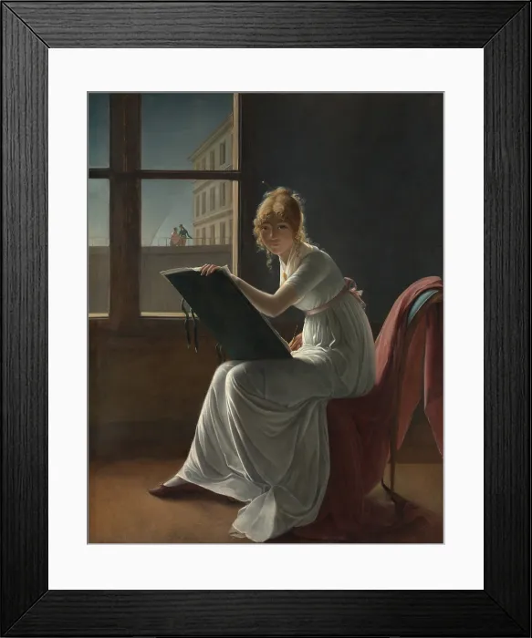 Framed Print : MARIE JOSEPHINE CHARLOTTE DU VAL D'OGNES, by Marie Denise Villers, 1801, French oil painting. Portrait by a seated female artist, dressed in a high waisted simple white dress