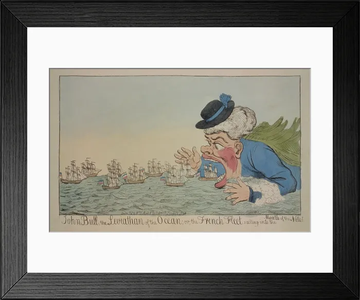 Framed Print : Cartoon depicting Napoleon's Egyptian expedition sailing into the mouth of John Bull. In the Battle of the Nile the British Navy destroyed the French fleet