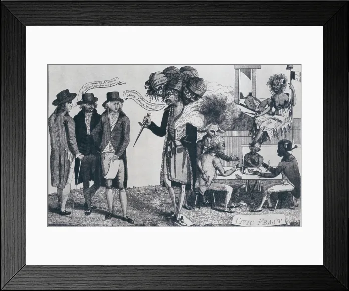 Framed Print : XYZ Affair inspired this 1799 cartoon showing Hydra-headed French Government demanding money from the Americans at dagger's points