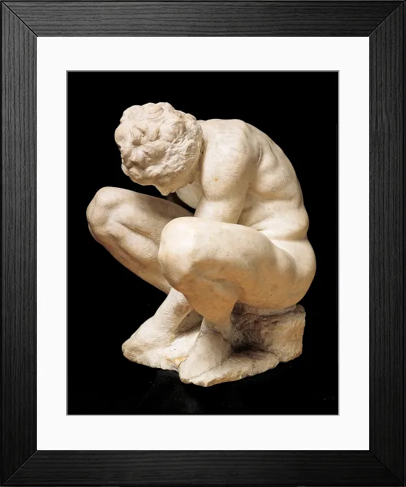 Framed Print : Crouching Boy, by Michelangelo Buonarroti, 1530 - 1534, 16th Century, marble, h. 45 cm - Russia, St. Petersburg, The State Hermitage Museum. Whole artwork view