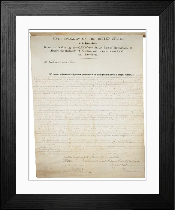 Framed Print : Alien and Sedition Acts of 1798. Handwritten document dated July 6 1798. Page 1 of 2