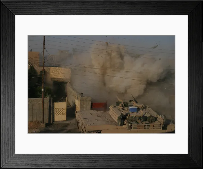Framed Print : A U.S. Marine Corps Abrams tank blasts into a building from which they received fire in Fallujah Al Anbar province Iraq. Dec. 10 2004 (BSLOC_2011_3_11) Framed Print : A U.S. Marine Corps Abrams tank blasts into a building from which they received fire in Fallujah Al Anbar province Iraq. Dec. 10 2004 (BSLOC_2011_3_11)