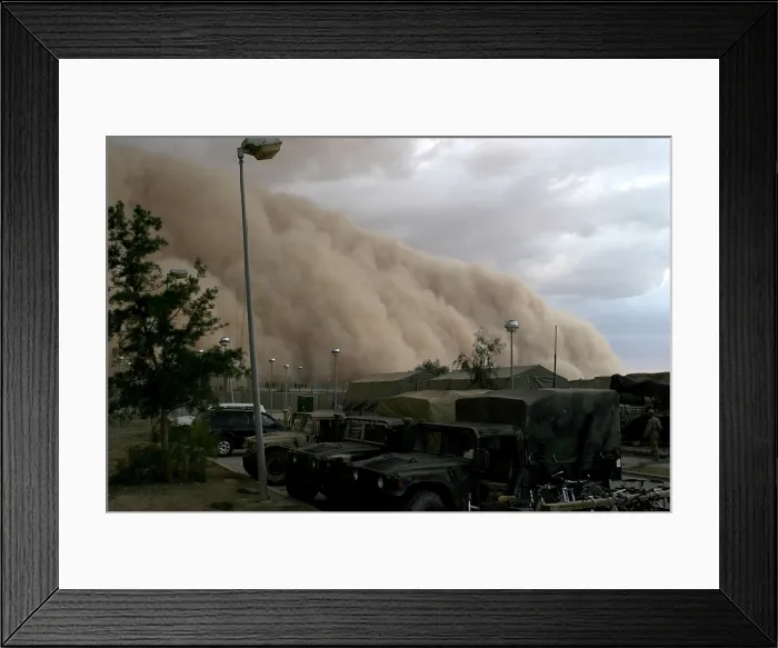 Framed Print : A massive sand storm envelopes a U.S. military camp in Al Asad Iraq. April 27 2005. (BSLOC_2011_3_2) Framed Print : A massive sand storm envelopes a U.S. military camp in Al Asad Iraq. April 27 2005. (BSLOC_2011_3_2)