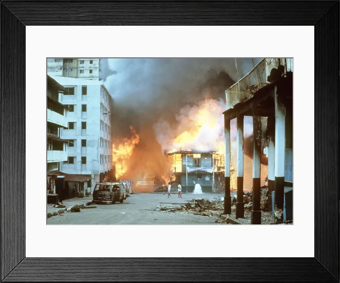 Framed Print : Flames engulf buildings in Panama City during urban combat between the Panamanian Defense Force and U.S. forces during the invasion of Panama. Dec. 21 1989. (BSLOC_2011_3_18) Framed Print : Flames engulf buildings in Panama City during urban combat between the Panamanian Defense Force and U.S. forces during the invasion of Panama. Dec. 21 1989. (BSLOC_2011_3_18)