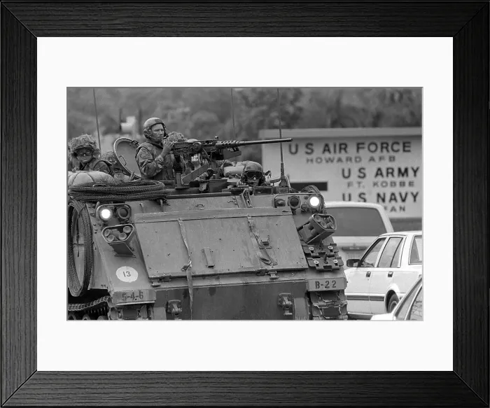 Framed Print : U.S. Soldiers in an armored personnel carrier at Howard Air Force Base in Panama respond to a demonstration by supporters of General Manuel Noriega. The Nov Framed Print : U.S. Soldiers in an armored personnel carrier at Howard Air Force Base in Panama respond to a demonstration by supporters of General Manuel Noriega. The Nov
