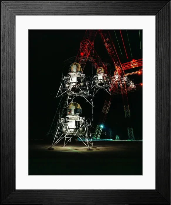 Framed Print : Multiple exposure of a simulated Moon landing of the Lunar Lander at NASA's Langley's Research Facility. April 11, 1967