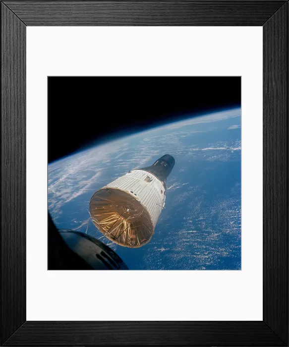 Framed Print : First manned Space rendezvous. Gemini 7 and Gemini 6 maneuvered together in Earth orbit. Image shows Gemini 7 from the Gemini 6. Dec. 15, 1965