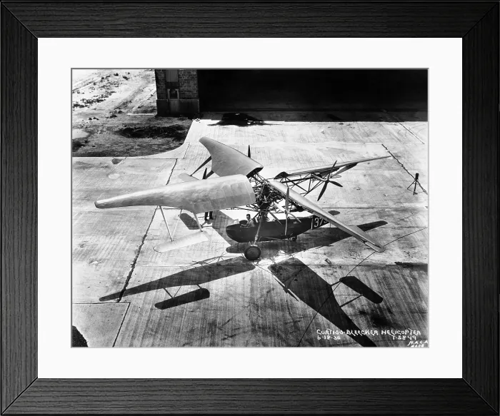 Framed Print : Early helicopter. Curtiss Bleaker Helicopter at Langley Air Force Base in June 1930. It has massive wing-like rotors attached to a light plane body