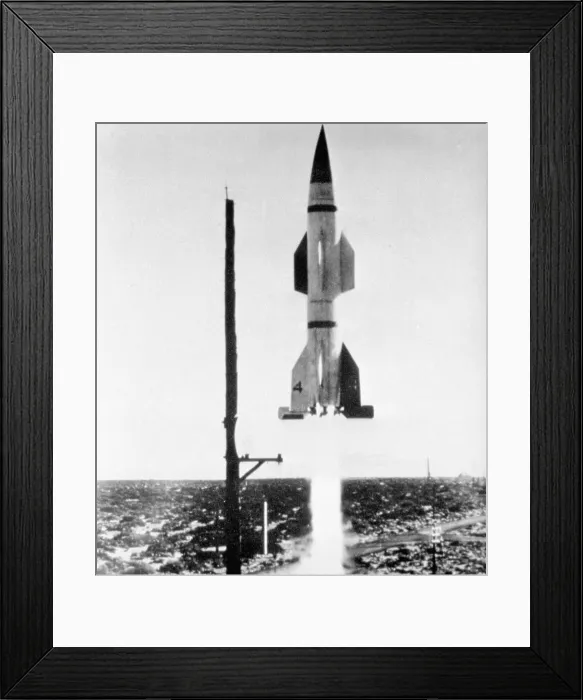 Framed Print : Launch of the first Hermes A-1 rocket at White Sand Proving Ground. It combined the Herman V-2 exterior shape with entirely new internal design. May 5, 1950