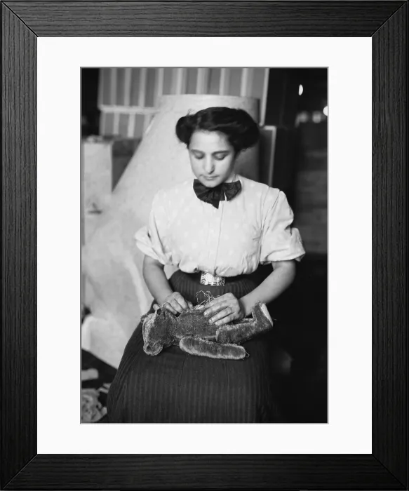 Framed Print : New York City garment worker stuffing a Teddy Bear toy, c.1903-1908. President Theodore Roosevelt refused to shoot a chained bear on a Mississippi hunting trip in 1903 Framed Print : New York City garment worker stuffing a Teddy Bear toy, c.1903-1908. President Theodore Roosevelt refused to shoot a chained bear on a Mississippi hunting trip in 1903