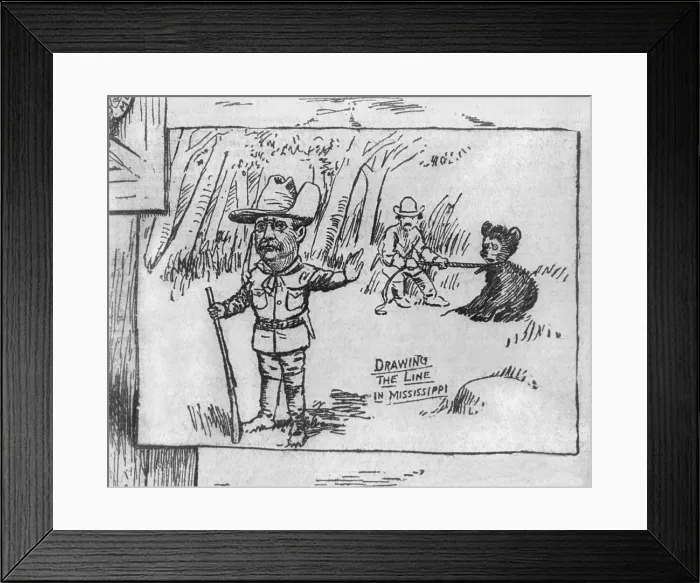 Framed Print : Cartoon that inspired the creation of the stuff animal toy, Teddy Bear. DRAWING THE LINE IN MISSISSIPPI, by Clifford Berryman, Nov. 16, 1902
