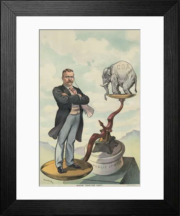 Framed Print : BIGGER THAN HIS PARTY. PUCK Magazine cartoon of May 7, 1902. President Theodore Roosevelt standing on the scale of Public Opinion and outweighing the Republican Elephant