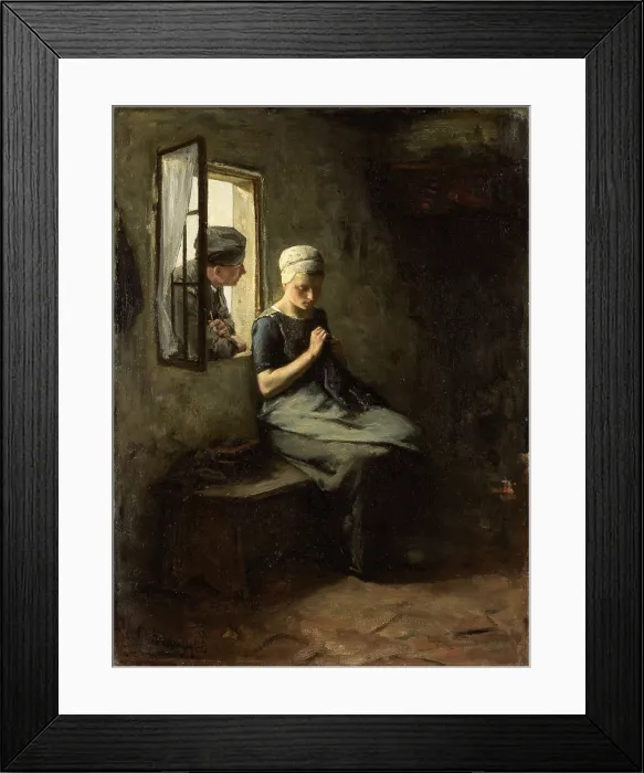 Framed Print : Fisherman's Courtship, by Albert Neuhuys, 1880. Dutch painting, oil on canvas. A young man leaning in a window to talk to girl sitting on a bench sewing. (BSLOC_2016_1_30)