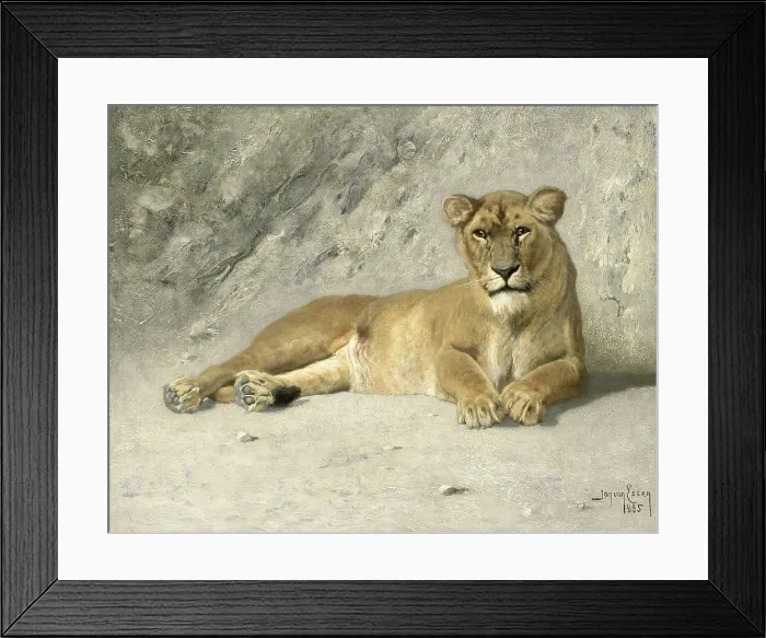 Framed Print : Lioness Resting, by Jan van Essen, 1885, Dutch painting, oil on panel. (BSLOC_2016_1_312)