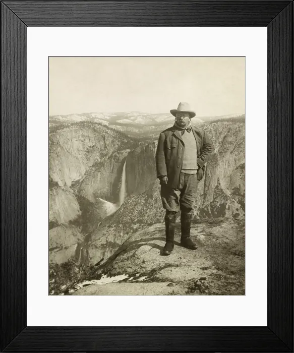 Framed Print : President Theodore Roosevelt standing on Glacier Point at Yosemite, May 17, 1903. This is a companion photo to TRs portrait with naturalist John Muir (BSLOC_2017_4_78)
