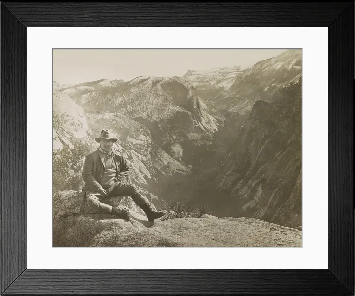 Framed Print : President Theodore Roosevelt sitting on large stone, Glacier Point at Yosemite, May 17, 1903