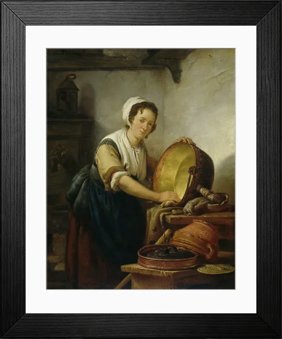 Framed Print : The Caldron Scrubber, by Abraham van Strij 1st, c. 1808-10. Dutch painting, oil on panel. Women in a kitchen cleaning a large copper pot by sanding Framed Print : The Caldron Scrubber, by Abraham van Strij 1st, c. 1808-10. Dutch painting, oil on panel. Women in a kitchen cleaning a large copper pot by sanding