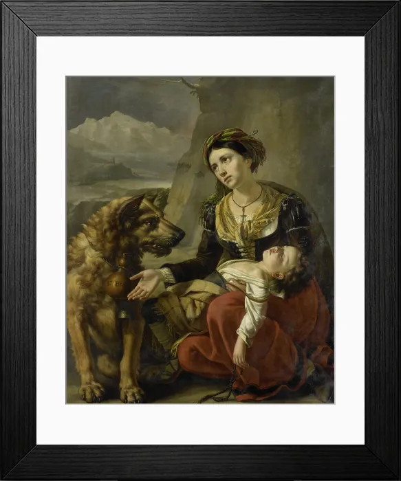 Framed Print : A Saint Bernard Dog Comes to the Aid of a Lost Woman with a Sick Child, by Charles Picque, 1827, Dutch painting, oil on canvas. (BSLOC_2016_1_292) Framed Print : A Saint Bernard Dog Comes to the Aid of a Lost Woman with a Sick Child, by Charles Picque, 1827, Dutch painting, oil on canvas. (BSLOC_2016_1_292)