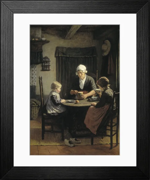 Framed Print : At Grandmother's, by David Adolph Constant Artz, 1883, oil on canvas. Dutch interior with grandmother cutting bread while children eat at a small table. (BSLOC_2016_1_31)