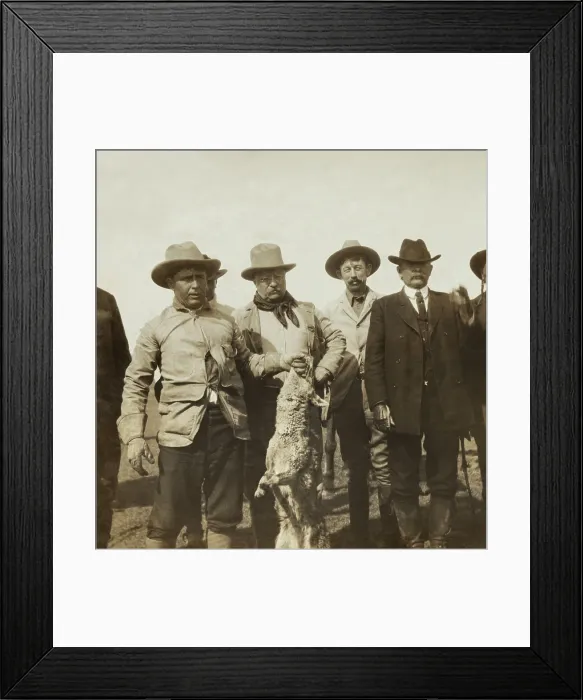 Framed Print : President Theodore Roosevelt and his hunting companions near Frederick, Oklahoma, April 8-13, 1905. John R. Abernathy is holding a live coyote by the jaw