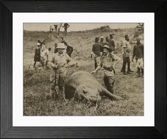 Framed Print : Theodore Roosevelt and unidentified man standing over a killed hippopotamus. In the background are African workers who will skin the animal. July-Dec
