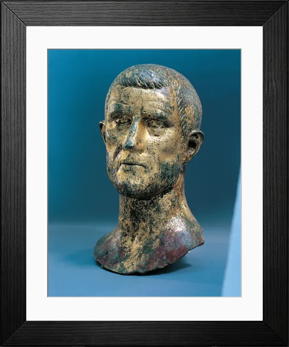 Framed Print : Portrait of Claudius Gothicus, 250 - 299, 3rd Century, golden bronze, h. 50 cm - Italy, Lombardy, Brescia, Santa Giulia Museum. Whole artwork view