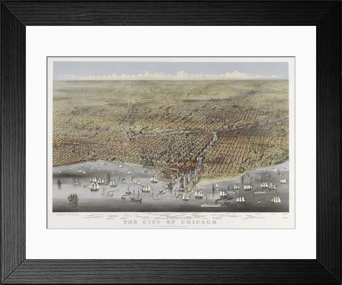 Framed Print : The City of Chicago in 1874. Bird's-eye view of Chicago Illinois from above Lake Michigan prominent features listed below image