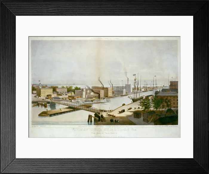 Framed Print : The City of Chicago in 1861. Chicago Harbor with street traffic ships warehouses and the Rush Street Bridge