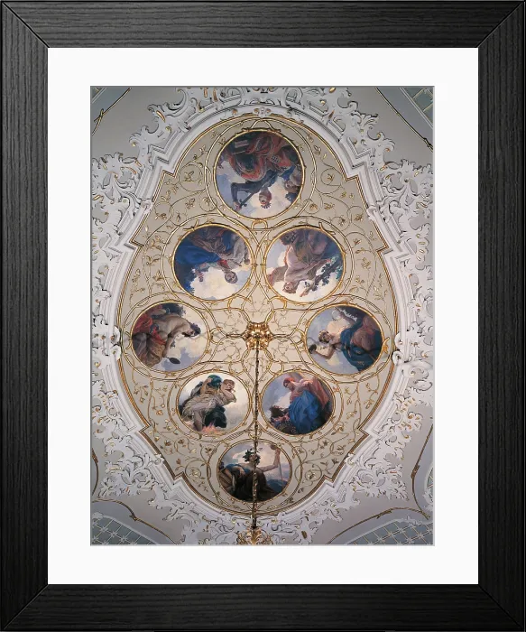 Framed Print : Virtues of the Good Government, by Antonio Ricci, 17th Century - 18th Century, fresco, - Italy, Lombardy, Cremona, Town Hall. All. Virtues Good Government tondos stucco gold