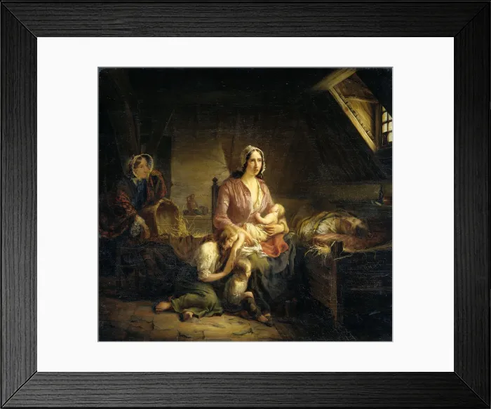 Framed Print : A Rich Lady Visits a Poor Family, by Gerardus Terlaak, 1853, Dutch, oil on canvas. A distressed young mother with three children at the bedside of her sick husband