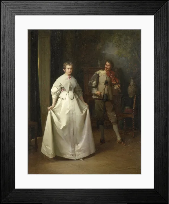 Framed Print : The Dance, by Aime Gabriel Adolphe Bourgoin, 1870, Dutch painting, oil on panel. Young woman in 17th century costume dances as a young man plays a violin. (BSLOC_2016_1_34)