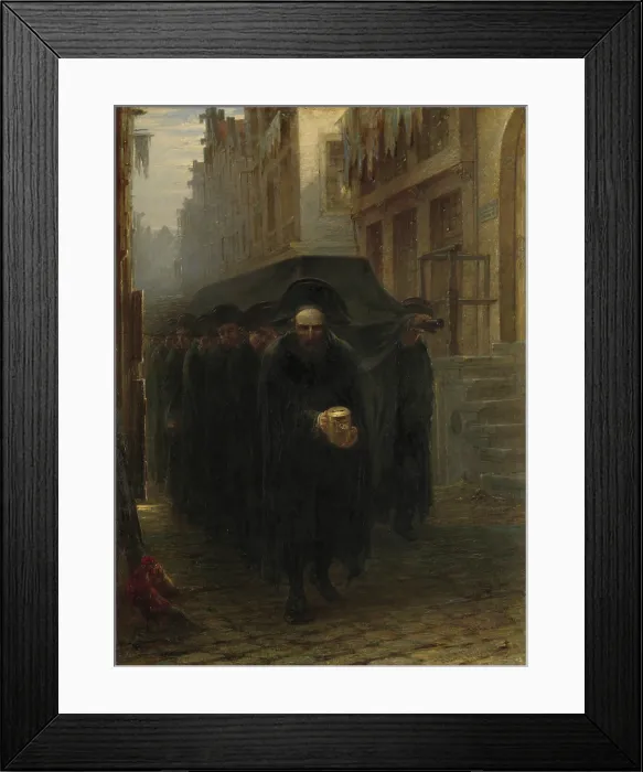 Framed Print : A Jewish Funeral, by Hein Burgers, c. 1860-1880, Dutch painting, oil on canvas. A funeral procession in a narrow city street led by a man with a golden collection jar